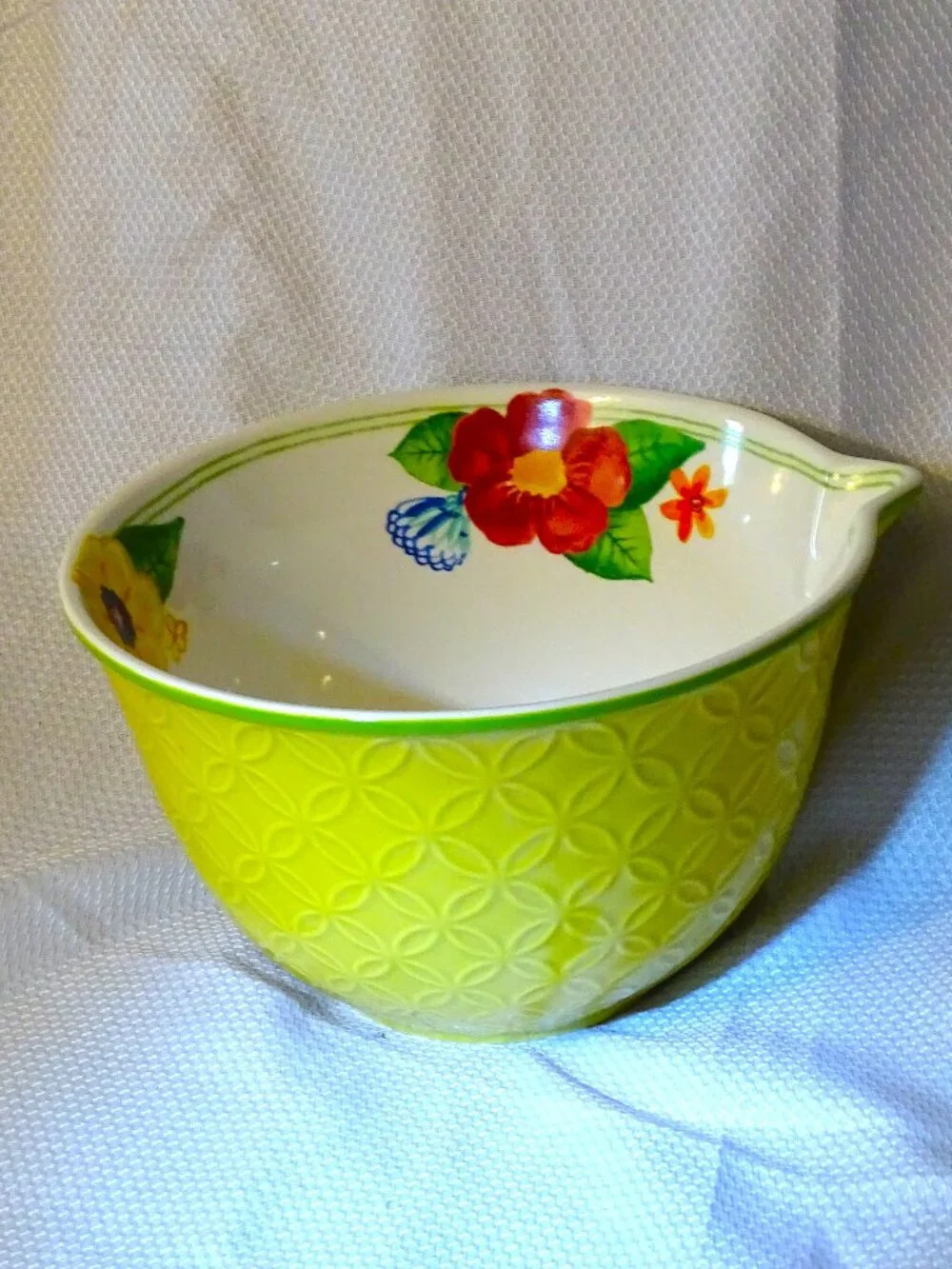 Bright Yellow Patterned Mixing Bowl with Floral Inside